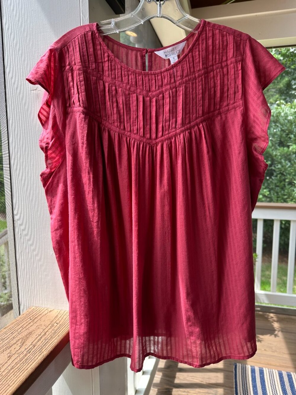 Stitch Fix SS Pleated Yoke Flutter Sleeve Red Pink Cotton Top Market & Spruce XL